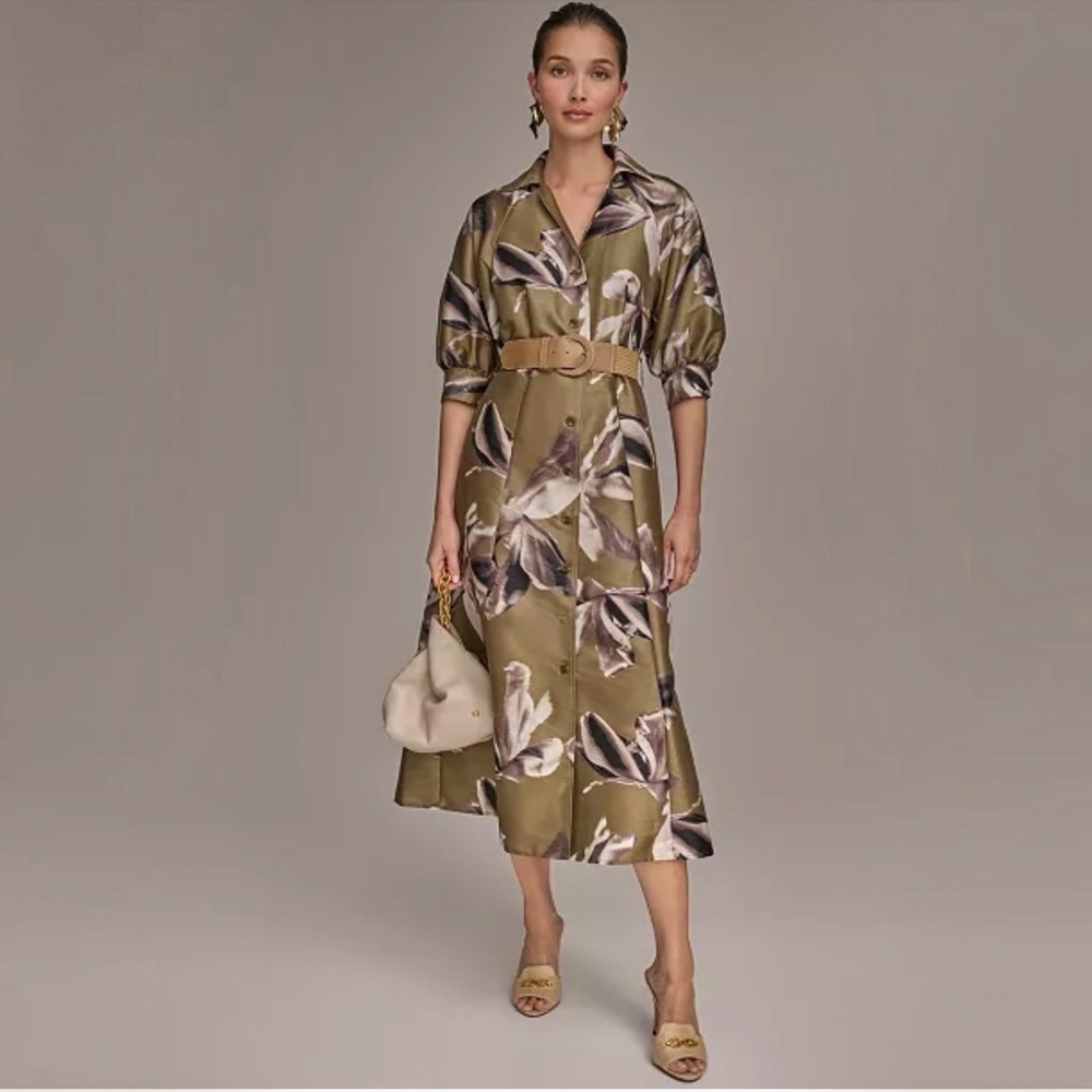 NEW DONNA KARAN NEW YORK Print Belted Midi Shirtdress Olive Floral Size 2 NWT
